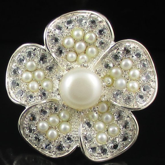 Cultured Pearl & White Topaz Flower Ring - Picture 10 of 10